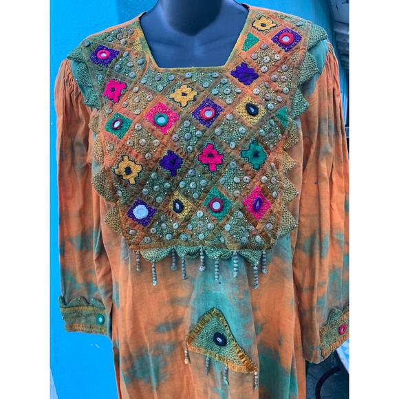 VINTAGE TIE DYE FESTIVAL HIPPIE MIRRORED EMBROIDERED KAFTAN CAFTAN DRESS M/L - Picture 4 of 10